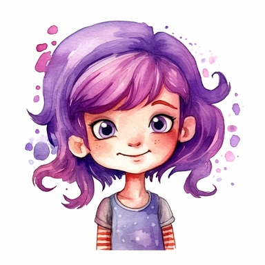 watercolour clipart of a girl with purple hair , she is the catalyst for her group shared common dreams, binding the girls together. She is direct, occasionally sharp-tongued, and highly empathetic. With a heart full of compassion, she never hesitates to lend a helping hand to anyone in need. She`s dedication to their craft is unparalleled, make her smiling, exalted mood, white background, 8k, f1