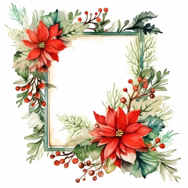 one Christma vertical rectangle flower frame clipart seamles ornament on a white background, in the style of watercolor landscapes, red and green, no watermark, text, 300 DPI , typography, shapes do not stick together, no text in the picture, on a white background