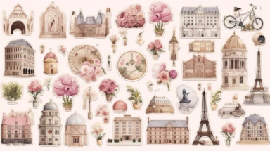 20 Digital stickers, sticker bundle, paris, city items, plain background, watercolor illustration, clipart, Beige, pink, grey, aesthetic, realistic, 8k,