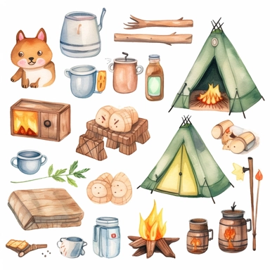cute kawaii camping clipart set, watercolor, ,white background