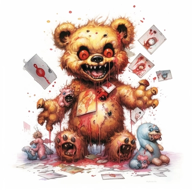 vintage evil horror teddy bear clipart surrounded by a white background, rotten, ben templesmith, lisa frank, frank frazetta, richard scarry, clean border, white background