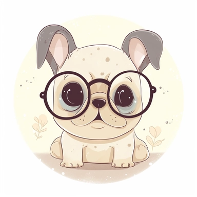 A lovable dog with glasses illustration clipart, featuring an adorable French Bulldog with big round eyes, a wrinkled face, and floppy ears, sitting on a white background, with a sweet and innocent expression, radiating cuteness and charm, Illustration, digital art, with a soft and pastel color palette