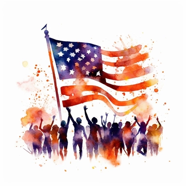 Black American Juneteenth celebration of freedom, watercolor clipart, American flag, joy, white background