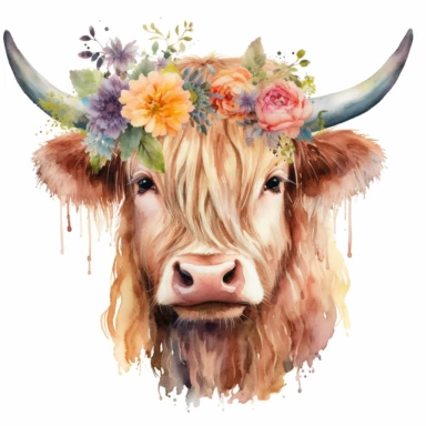 Illustrate an enchanting watercolor pastel Clipart of a lovable Highland Cow adorned with delicate flowers, presented in stunning 16k HD resolution and a wide-angle composition.