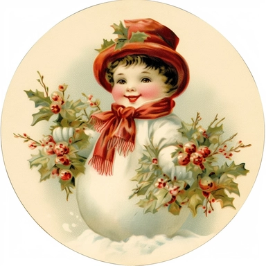 clipart with vintage christmas card style snowman on a white background