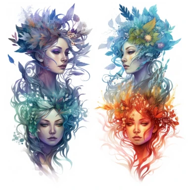 Ethereal nature elemental witches, representing (earth, fire, water and air )Clipart sheet in the style of Anna Dittmann, vivid, separated with a margin, white background