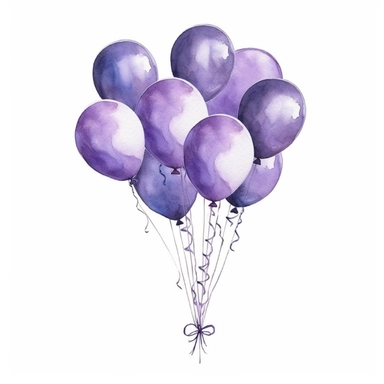 one purple party balloon clipart, white background, blue colour tones, watercolour style