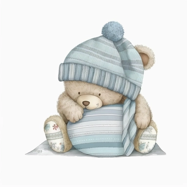 an ultra Cute little newborn baby teddy bear wearing pyjamas, #475F94 dusky blue shabby chic traditional classic striped pyjamas and a bedtime hat , watercolour, cute,, bedtime, sleepy, dreamy, isolated on white background, Clipart