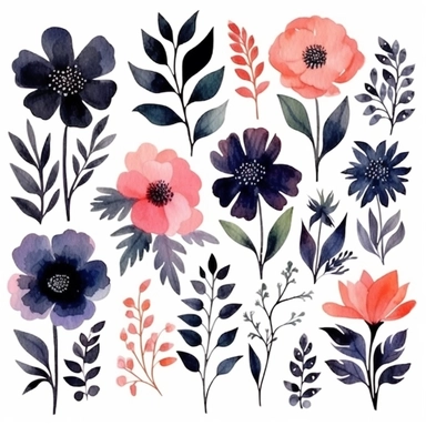 watercolor, handpainted black boho floral clipart, transparent background, spaced out--ar 3:2