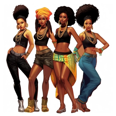 a extraordinary groups of Afrobeat girls: the enigmatic Black Magic Girls in stylish Hip Hop. With their unique powers and captivating styles, they create a revolution in music and fashion. Imagine a world where cute hairstyles, curved bodies, high heels, blue jeans, and coiled buns merge effortlessly with the mystique of black girl magic, clipart, and jewelry. In this inspired Jerry Pinkney illustration style, craft an unforgettable story of friendship, empowerment, and creativity. Explore the 
