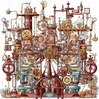 Clipart. White background: In a bustling workshop adorned with shelves of magical artifacts and complex machinery, a collection of whimsical steampunk contraptions takes center stage. Gears, cogs, and valves intertwine with enchanting symbols, infusing the mechanical devices with the power of magic. The foreground showcases the intricate details and fantastical designs of the contraptions, each one uniquely crafted and powered by the whimsical fusion of magic and steampunk aesthetics. The backgr