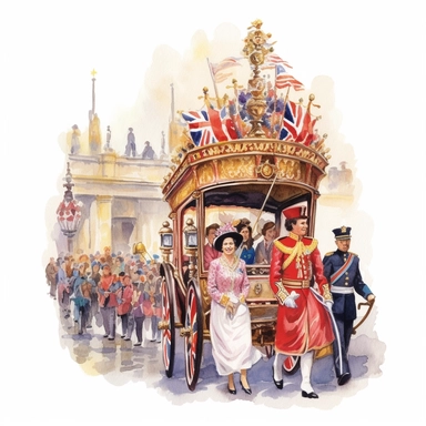 A commemorative scene from the Silver Jubilee celebrations of Queen Elizabeth II, capturing the royal procession, Clipart, watercolor, white background, intricate detail