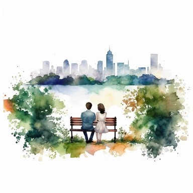 Create a watercolor clipart of a bride and groom sitting together on a park bench, with a city skyline in the distance. No Background
