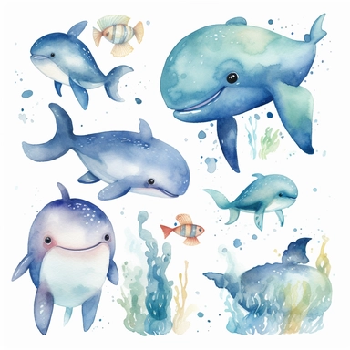 Sea Creatures of cute watercolor clipart, Whales, powder blue, jumping out of the water, 8k