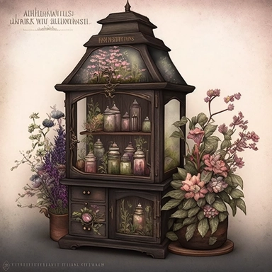 ultra quality details, Witches Apothecary Cabinet, Flower, Watercolour Background, Clipart