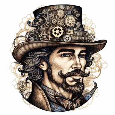 clipart style, artistic vector border, steampunk, close up, man with a goatee breaded at the chin, scar across his right eye, long dark hair, wearing a cowboy hat with steampunk gears and steam, realism