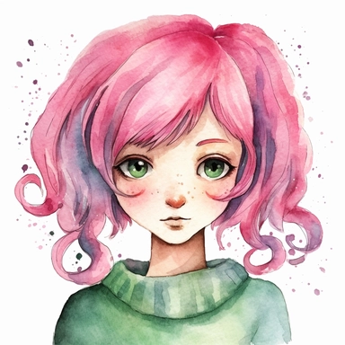 watercolor clipart of a girl with pink hair , green eyes, she is the catalyst for her group shared common dreams, binding the girls together. She is direct, occasionally sharp-tongued, and highly empathetic. With a heart full of compassion, she never hesitates to lend a helping hand to anyone in need. She`s dedication to their craft is unparalleled, make her smiling, exalted mood, white background, sarah kay and holly hobbies artwork style, 8k, f1