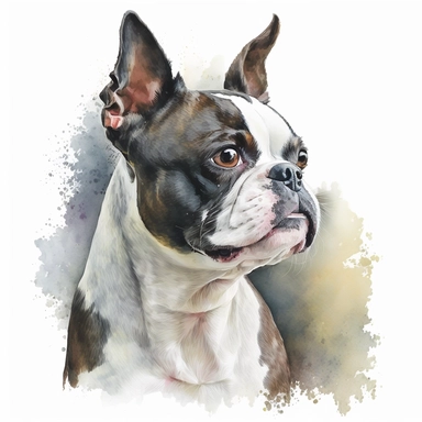 a watercolor painting of a Boston Terrier dog, clipart, white background
