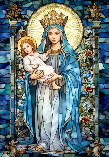 A sharp photograph of an expensive portrait, pay particular attention to the shape of your hands, less watercolor stained glass Madonna and child with matching crowns full body clipart, the Madonna is wearing a medium aquamarine blue mantle with bright white stars on it and the child is wearing a bright white robe, behind them is shimmering bright light, around many blue roses, highly detailed, white background, in the style of Catholic religious art, artist Andrea Lezcano, Vincent Van Gogh, in 