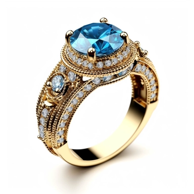 jewellery gold engagement ring with blue stone and diamonds digital clipart on white background