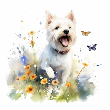 Playful highland white terrier water dog chasing butterflies in a sunlit garden, its tail wagging with excitement, capturing its joyful and lively spirit, white background, watercolor clipart