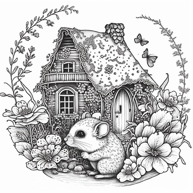 free printable mouse house coloring pages clipart hd clipart black and white download, in the style of whimsical dreamscapes, monochromatic serenity, cottagepunk, meticulous design, tranquil gardenscapes, charming characters, tattoo-inspired