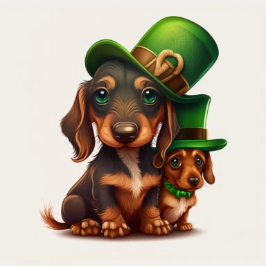 cute dachshund wearing a leprechaun hat, sitting next to a dachshund puppy cute, clipart style