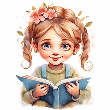 a happy little cute girl in a five-year-old, book, style by Lusy Fleming, folk art, watercolor, clipart elements, smooth gradients, black contour outline, ultra detailed, white background, super clear, high quality