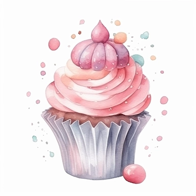 pink birthday cupcake kids minimal cute adorable gifts and balloons highly detailed watercolor realistic illustration clipart, soft colors on white background