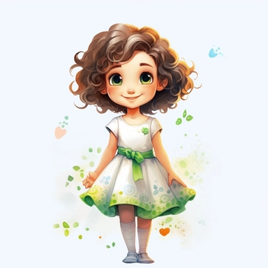 4 year old cartoon Pretty girl, cute cartoon white skin girl with medium lenght curly hair, wearing a white dress patterned with little color flowers and a green belt, smiling with her arms crossed. Pixar childrens book cartoon style, detailed, modern, urban, watercolor, full color, flat color, white background, children book illustration. Watercolor clipart. Pixar animation