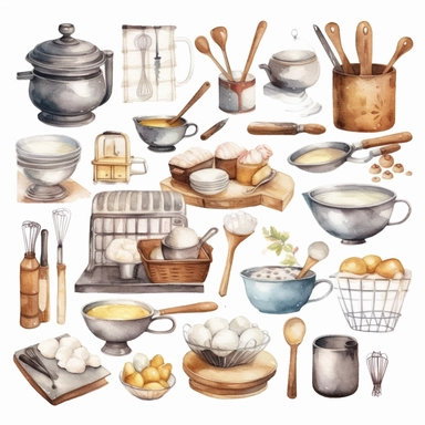 create a hand drawn watercolor clipart depicting cozy kitchen scenes with bakers, mixing bowls, rolling pins, and other baking elements, white background, 4k