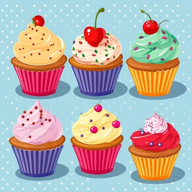 Cheerful cupcake clipart in the style of henry moret, showcasing delicious cupcakes with colorful icing and fun decorations, perfect for birthday parties and celebrations