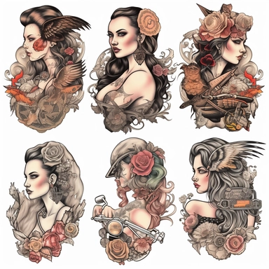 6 assorted heavily tatted biker chick pixie fairy Harley davidson theme clip art tattoos