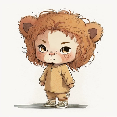 a cute cartoon minimal baby girl with little lion outfit Ghibli+Pixar watercolor clipart, highly detailed