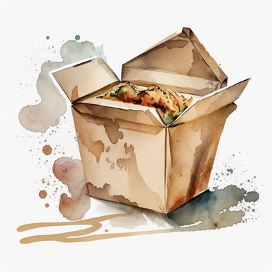 chinese food, Chinese Takeout box with food inside, neutral background for the image, clipart, watercolour style