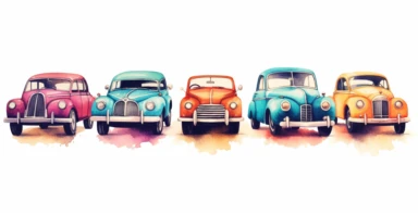 Adorable old cars collection clipart, intricate details, vivid colors, white background, ornamental watercolor clipart, I can't believe how beautiful this is