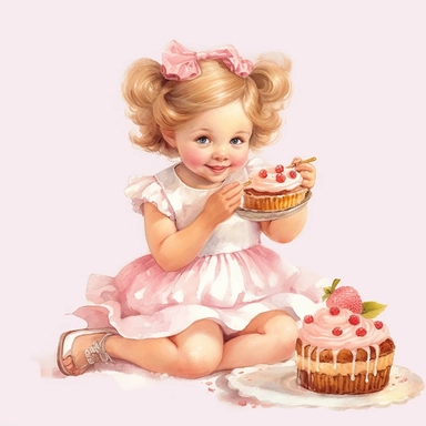 happy cute clipart vintage adorable little pink cheeks girl eating sugar cheesecakes and sweets, full body, clipart style, pastel colors, accurate details, oil painting technique, super high quality, professional watercolor clipart, high resolution, 8k