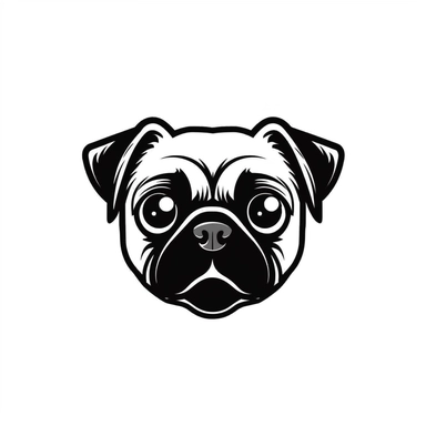 Simple outline of a front - facing crooked head happy Pug dog head peeking with front paws, cute clipart, flat 2d vector, minimalist, black and white, kids cartoon, svg cut file, line art drawing, white isolated background