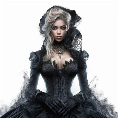 A captivating Victorian enchantress in a mystical black gown, featuring intricate silver accents and delicate lace trim. Against a backdrop of pure white, her entire silhouette is visible, amplifying the enchanting allure of the image. Clipart, watercolor, white background, intricate detail, hyper-realistic, unreal engine cinematic smooth, mesmerizing gaze