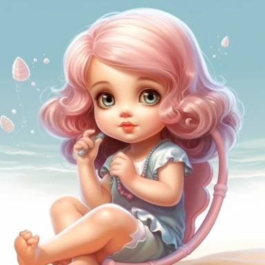 clipart of super cute baby girl in the beach white background full body, sitting on a chair on the sand, charming anime characters Thomas Kinkade Nadja Baxter Anne Stokes Nancy Noel