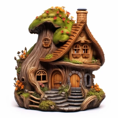 the most beautiful fairy house carved from an oak trunk, clipart, white background, sharp image, ultradetails