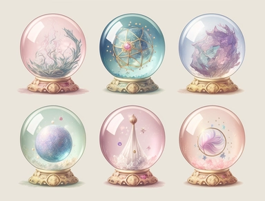 6 magical pastel crystal ball, clipart, pixel art, deep colours, white background, watercolour illustration style, dreamy, clear border around, 8k, intricate detailed , 8k, png