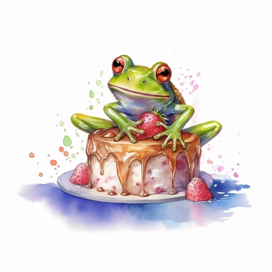 Create a watercolor illustration clipart of a playful cute Frog Eating a delicious cake, with its full body visible. Use soft, flowing brushstrokes and a warm, inviting color palette to create an image that is both charming and whimsical. Incorporate intricate details like the motion of the Frog Eating a delicious cake to create a lifelike, realistic image. Can add other elements to the illustration like related item to play to create playful scene. Use white background to allow the watercolor t