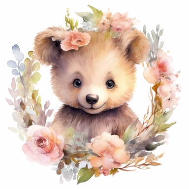 watercolor cute baby bear in floral wreath clipart, in the style of soft and dreamy tones, artgerm, graffiti-inspired animals, miniature and small-scale paintings, soft and dreamy depictions, single object, isolated white background