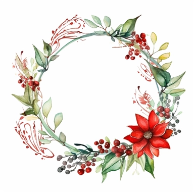one Christmas round flower frame clipart seamles ornament on a white background, in the style of watercolor landscapes, red and green, no watermark, text, 300 DPI , typography, shapes do not stick together, no text in the picture, on a white background