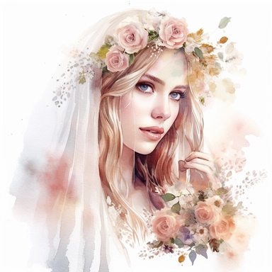 Glamorous and romantic realistic watercolor, the beautiful bride with long braided hair wearing intricate jewelry and, Juliet cap veil, on clean white background, translucent, delicate, with flowers, very delicate colors, watercolor clipart - - no watermarks, no text