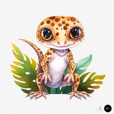 watercolor, Tribal & Boho Forest Animals a leopard gecko big eye kawaii png Full body realistic cartoon in 32K UHD cute. 15 cm thick outline. Black color. There was no shadow on the ground. 8k with realistic watercolors and detailed illustrations. PNG clipart, transparent white background