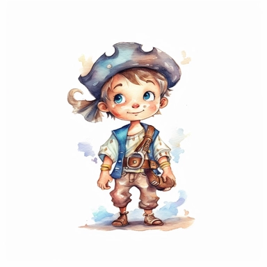 a stylized cartoon watercolor clipart illustration in a white background of a cute pirate boy
