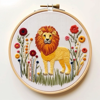 Hand embroidered lion clipart on a flat white background 2, standing on the grass, It is surrounded by small yellow and red flowers In the shape of a circle,