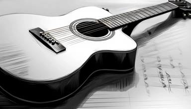 sketched drawing illustration of an acustic guitar, crystal clear and photo-realistic object art, zoomed in clip art design, extreme macro closeup, in the style of ink and charcoal sketching realism, high quality, sharp focus and extreme high resolution, grunge background, HD, 8k